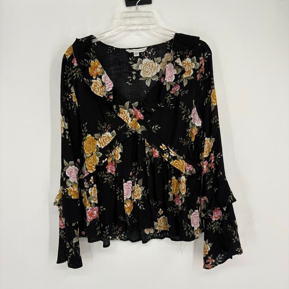 American Eagle Black Floral Babydoll Fairy Whimsy Blouse Size Medium y2k‎